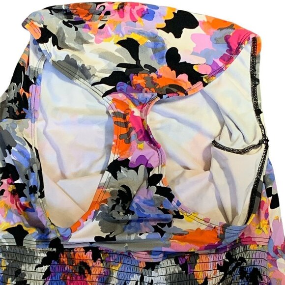 Kenneth Cole Smocked Bandeau One-Piece Halter Swimsuit Floral XL #60K - Picture 6 of 10